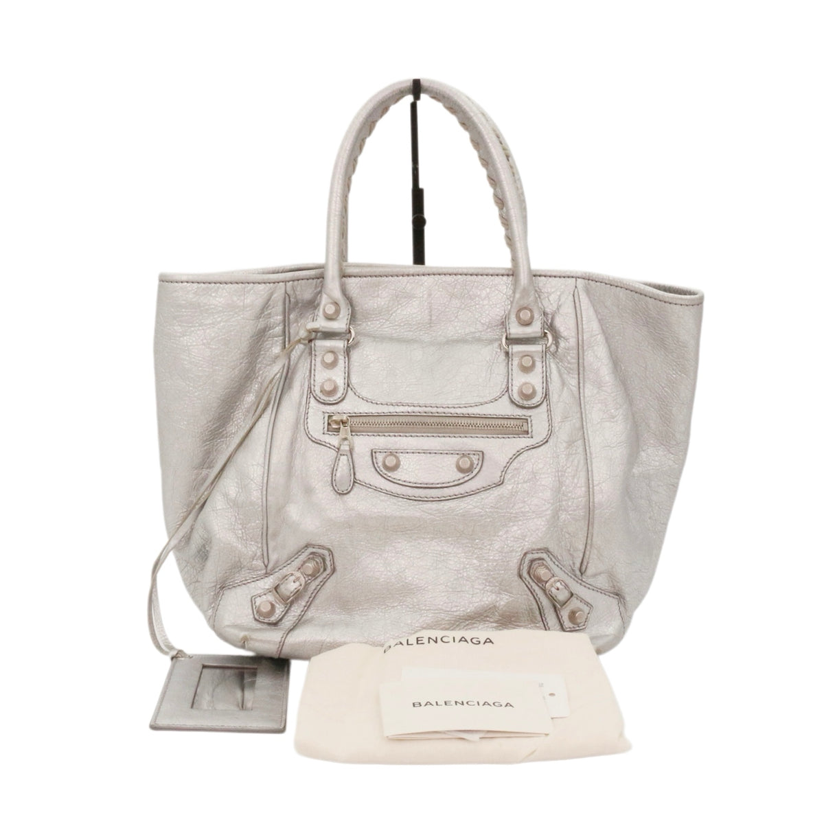 BALENCIAGA Metallic Silver Leather City Tote Bag [Used]