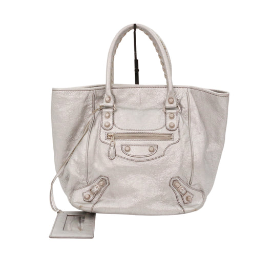 BALENCIAGA Metallic Silver Leather City Tote Bag [Used]
