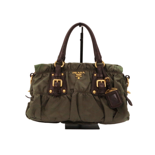 PRADA Olive Green Tessuto Gaufre Nylon & Leather Tote Bag [Used]