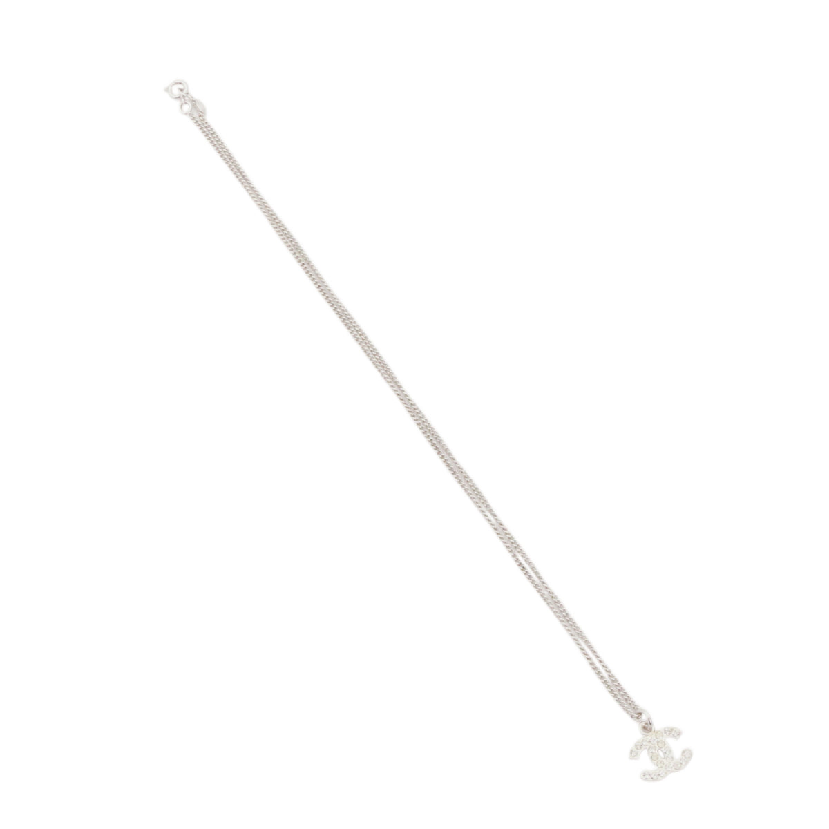 CHANEL 07V Silver Tone Rhinestone Double CC Pendant Necklace [Used]