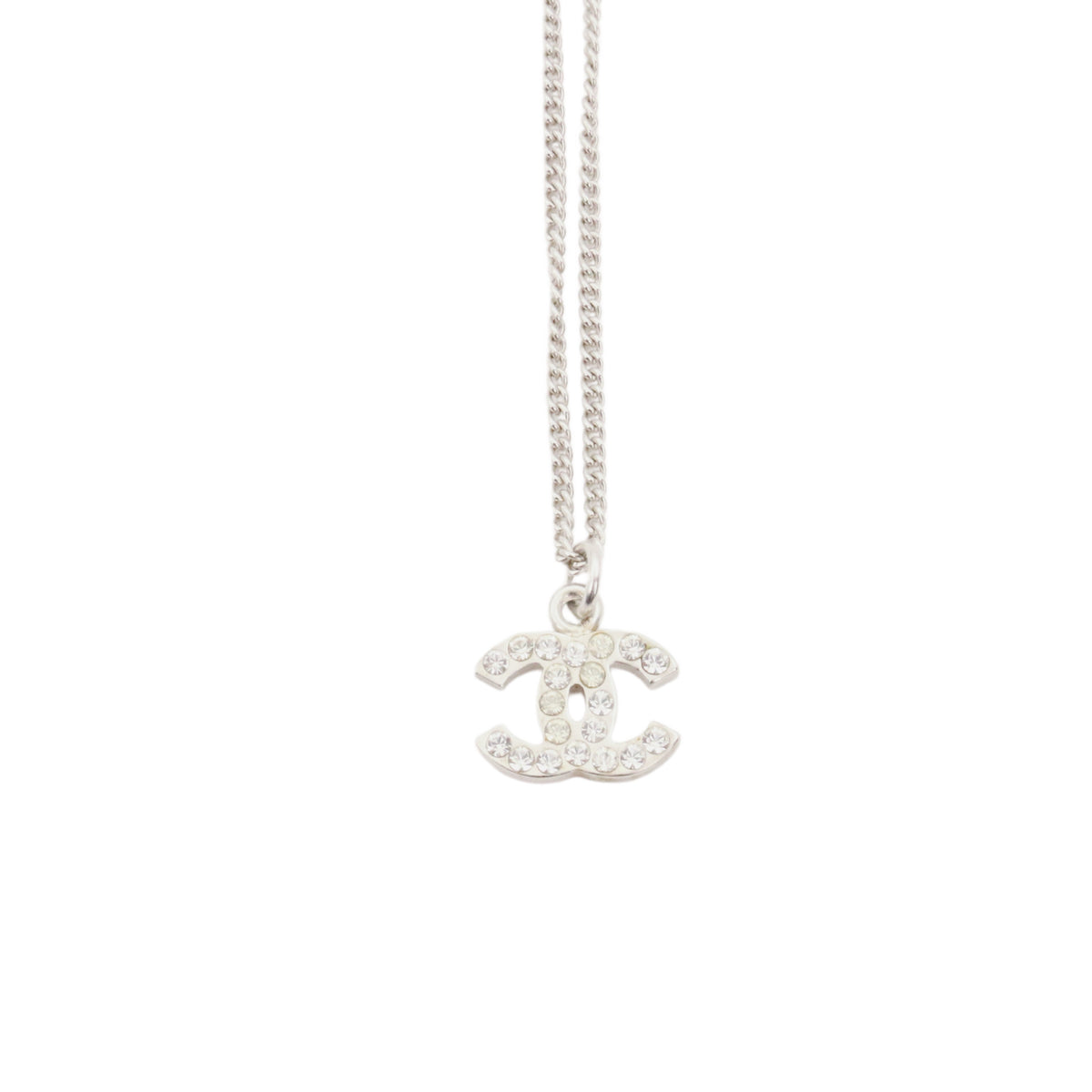 CHANEL 07V Silver Tone Rhinestone Double CC Pendant Necklace [Used]