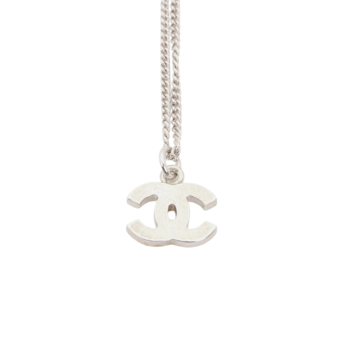 CHANEL 07V Silver Tone Rhinestone Double CC Pendant Necklace [Used]