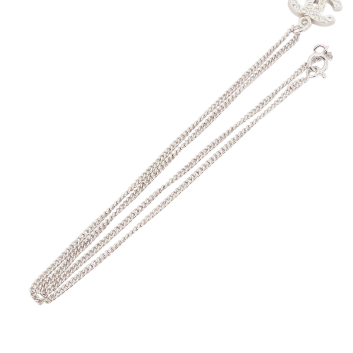CHANEL 07V Silver Tone Rhinestone Double CC Pendant Necklace [Used]