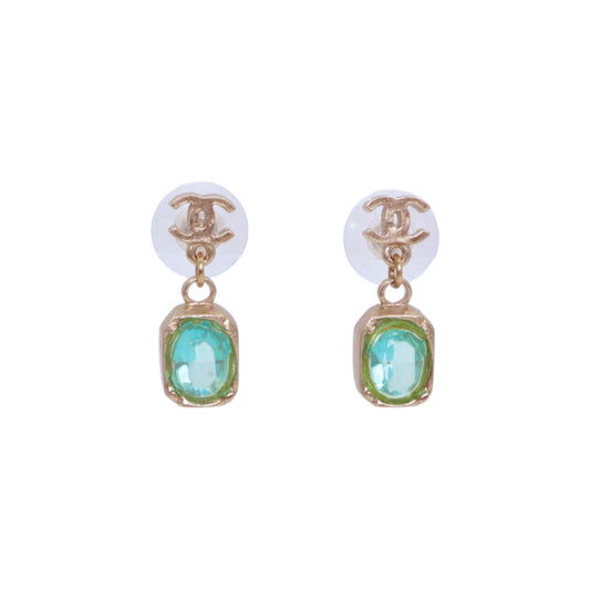 CHANEL 07A Gold Tone Blue Green Crystal Double CC Drop Earrings [Used]