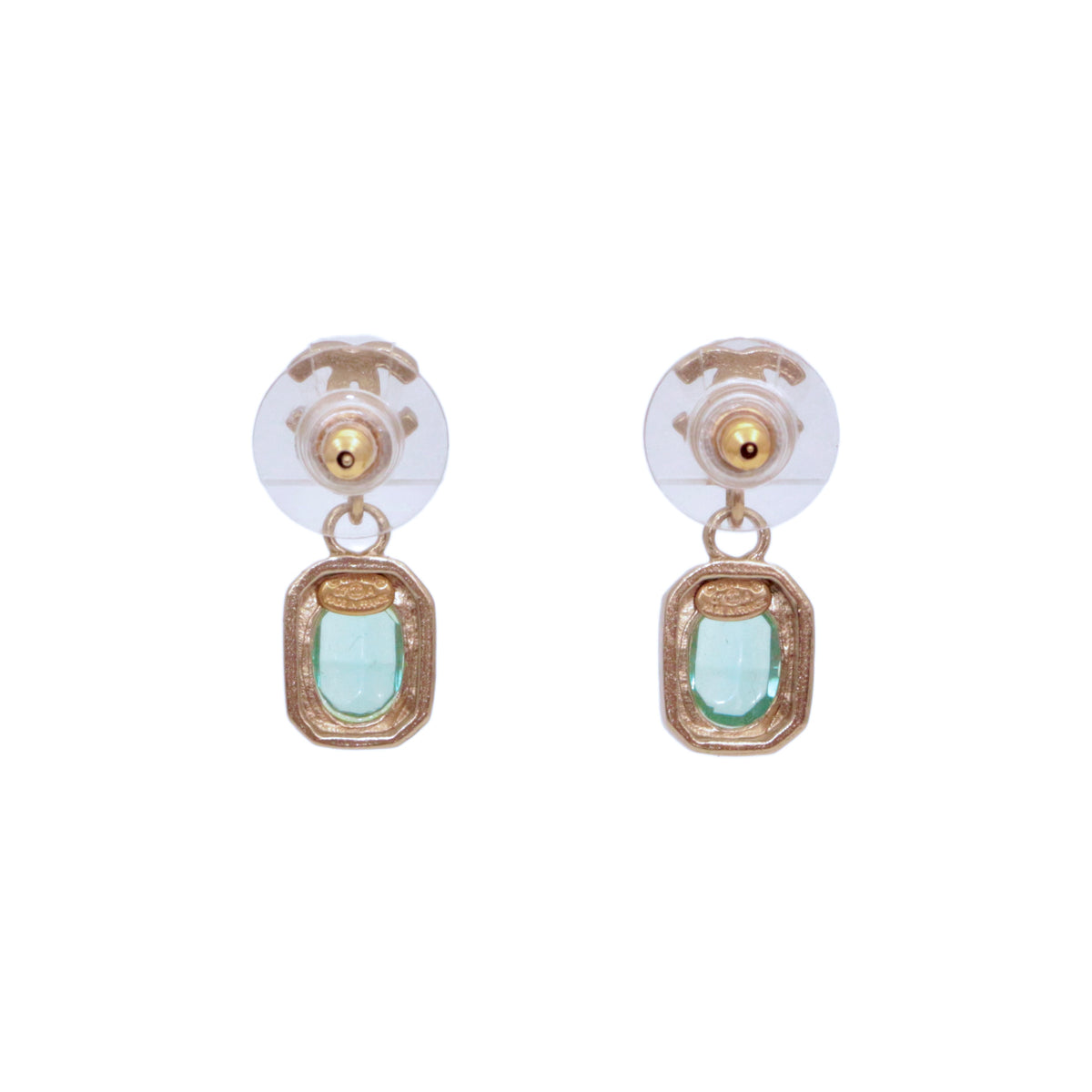 CHANEL 07A Gold Tone Blue Green Crystal Double CC Drop Earrings [Used]