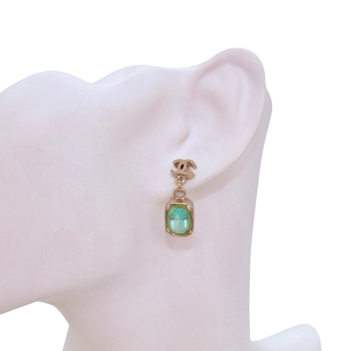 CHANEL 07A Gold Tone Blue Green Crystal Double CC Drop Earrings [Used]