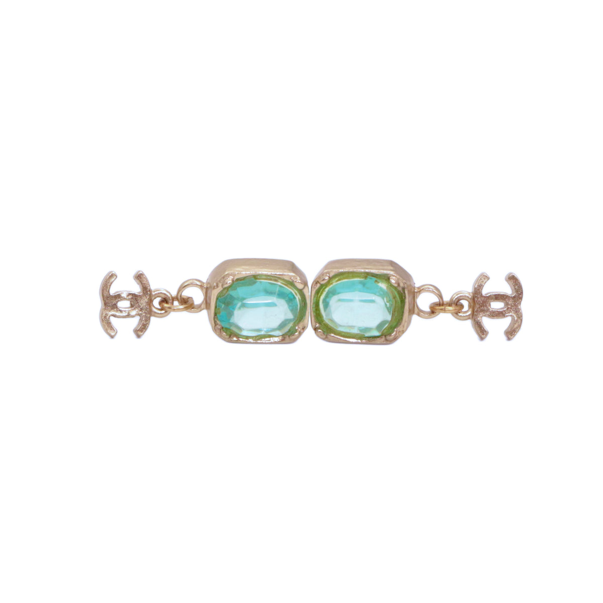 CHANEL 07A Gold Tone Blue Green Crystal Double CC Drop Earrings [Used]