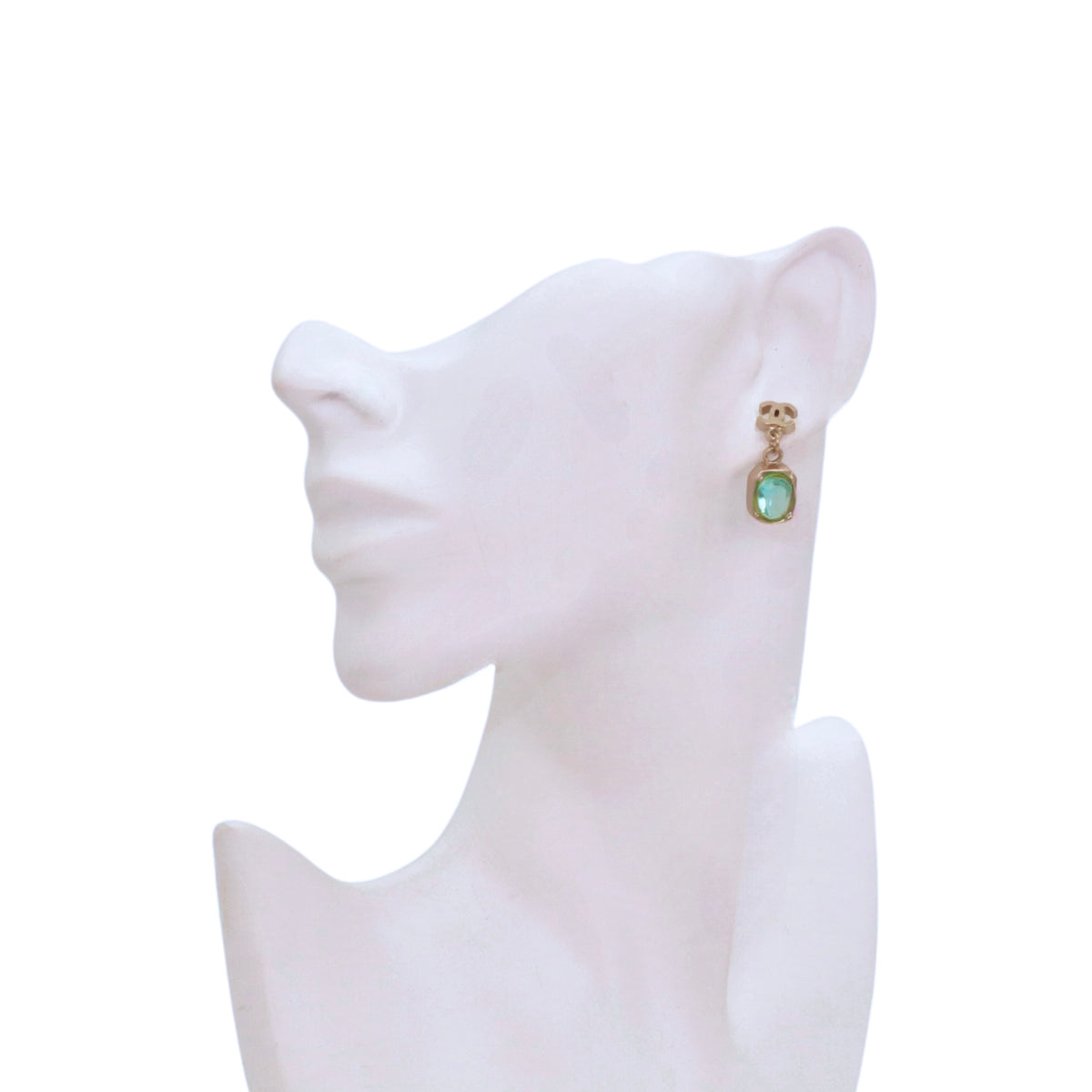 CHANEL 07A Gold Tone Blue Green Crystal Double CC Drop Earrings [Used]