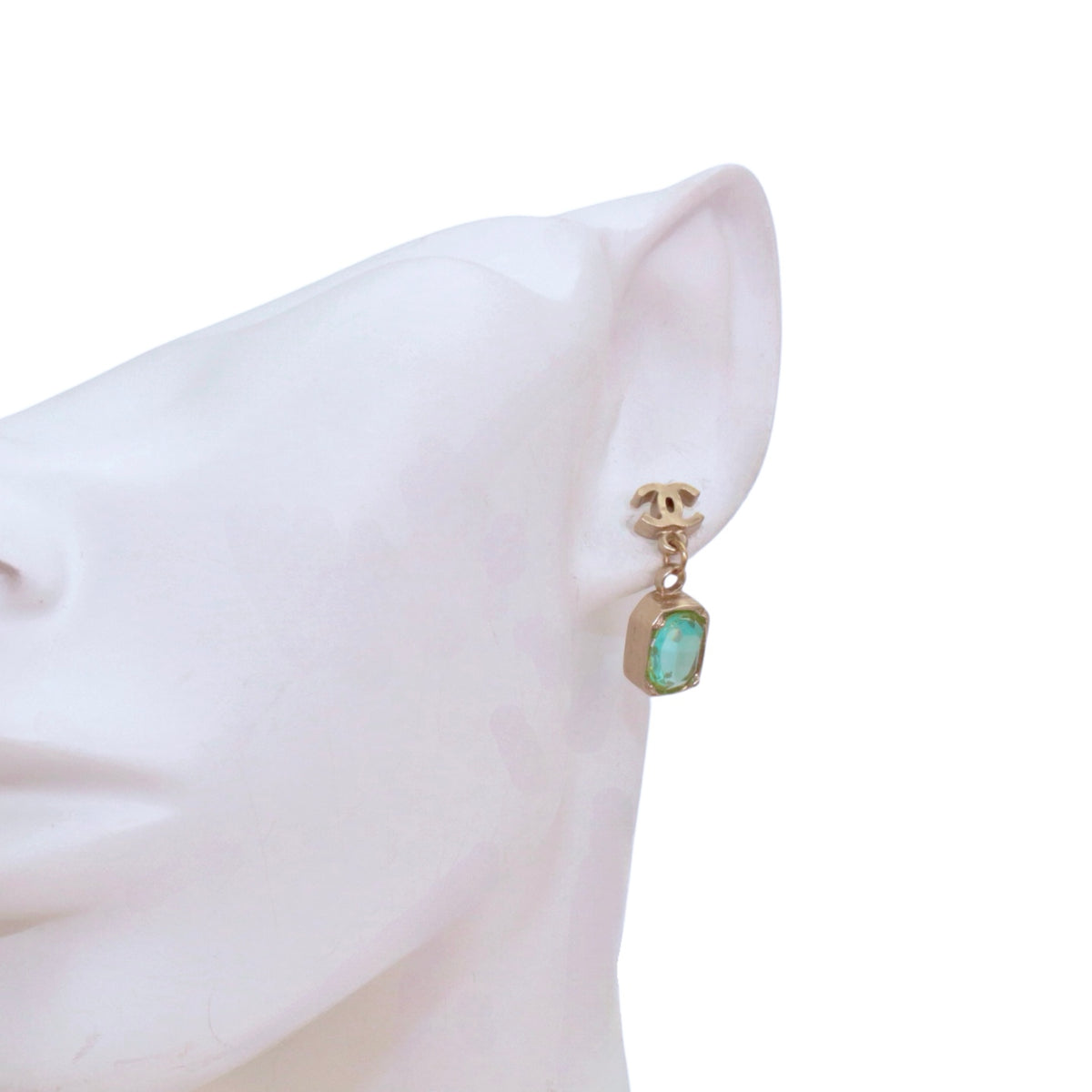CHANEL 07A Gold Tone Blue Green Crystal Double CC Drop Earrings [Used]