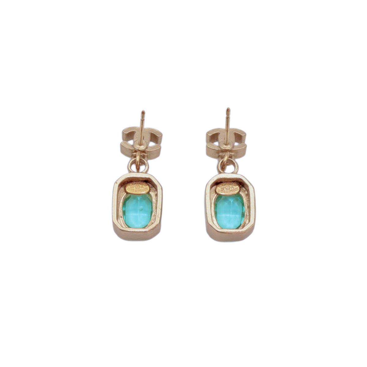CHANEL 07A Gold Tone Blue Green Crystal Double CC Drop Earrings [Used]