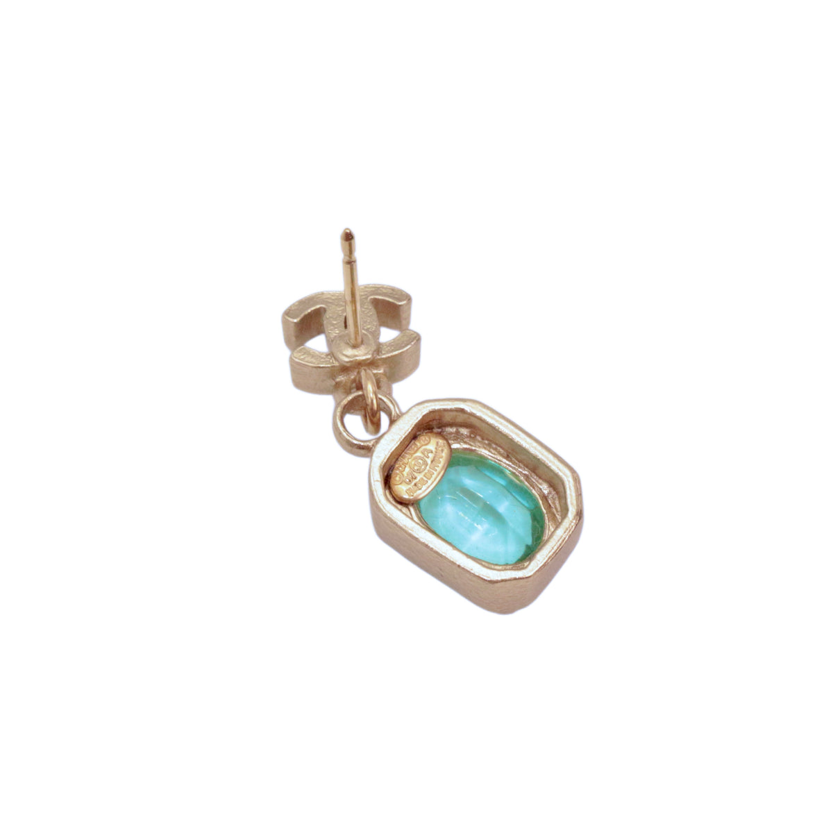 CHANEL 07A Gold Tone Blue Green Crystal Double CC Drop Earrings [Used]