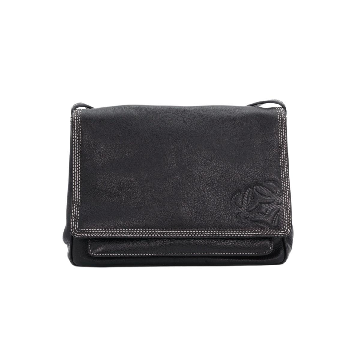 LOEWE Vintage Black Leather Anagram Flap Messenger Bag [Used]