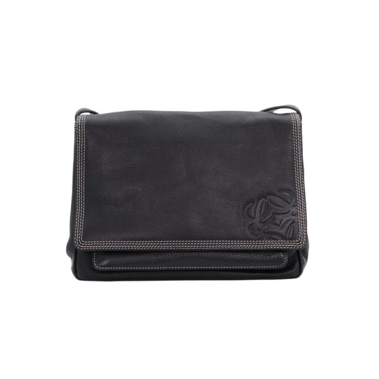 LOEWE Vintage Black Leather Anagram Flap Messenger Bag [Used]