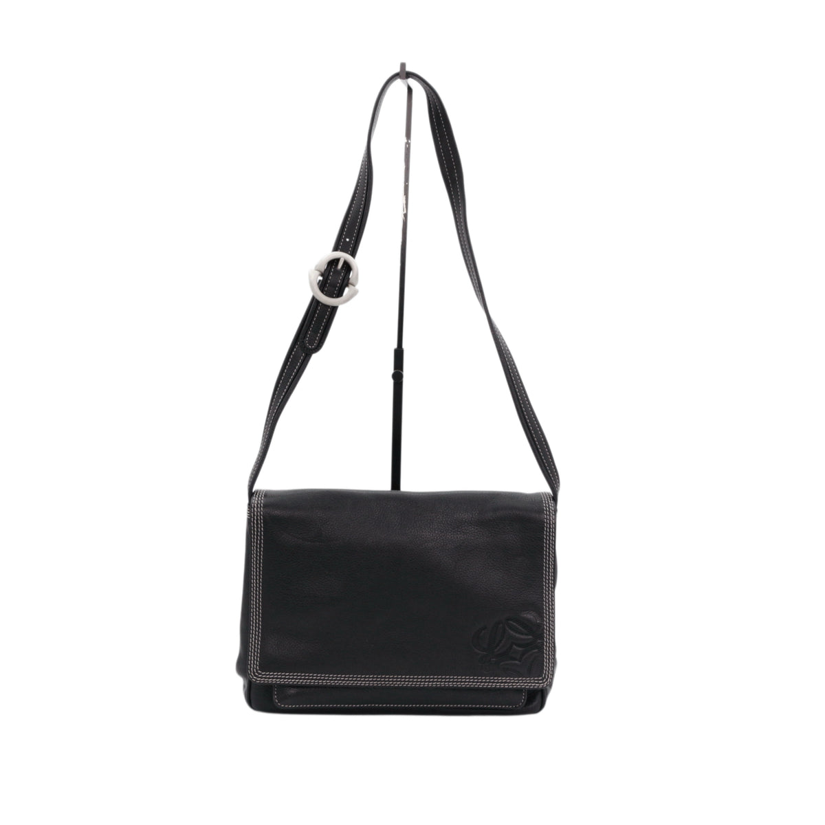 LOEWE Vintage Black Leather Anagram Flap Messenger Bag [Used]