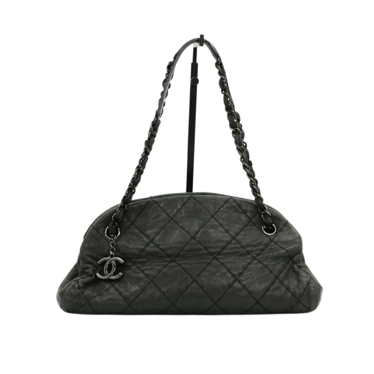 CHANEL Grey Green Quilted Calfskin CC Charm Bowling Shoulder Bag [Used]