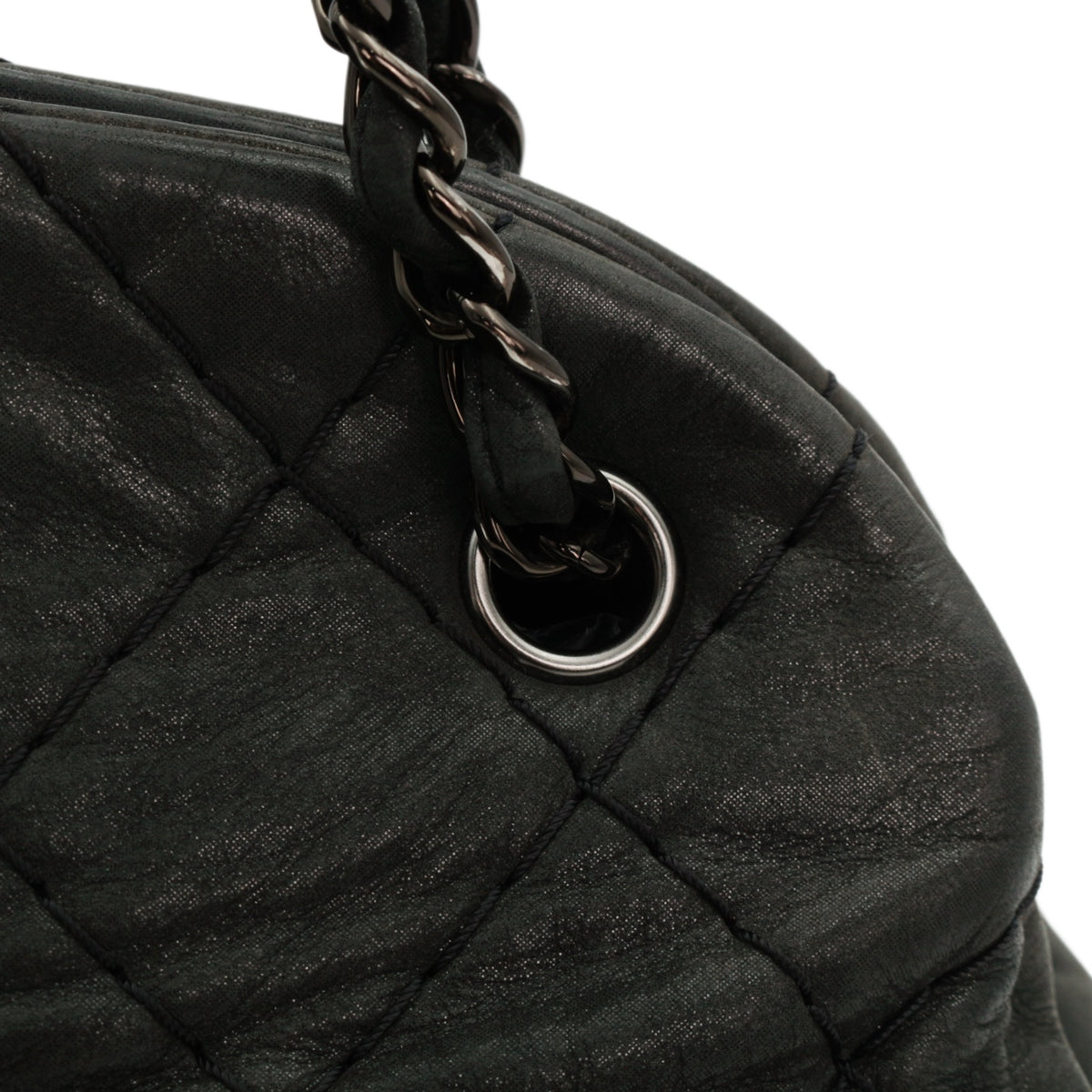 CHANEL Grey Green Quilted Calfskin CC Charm Bowling Shoulder Bag [Used]