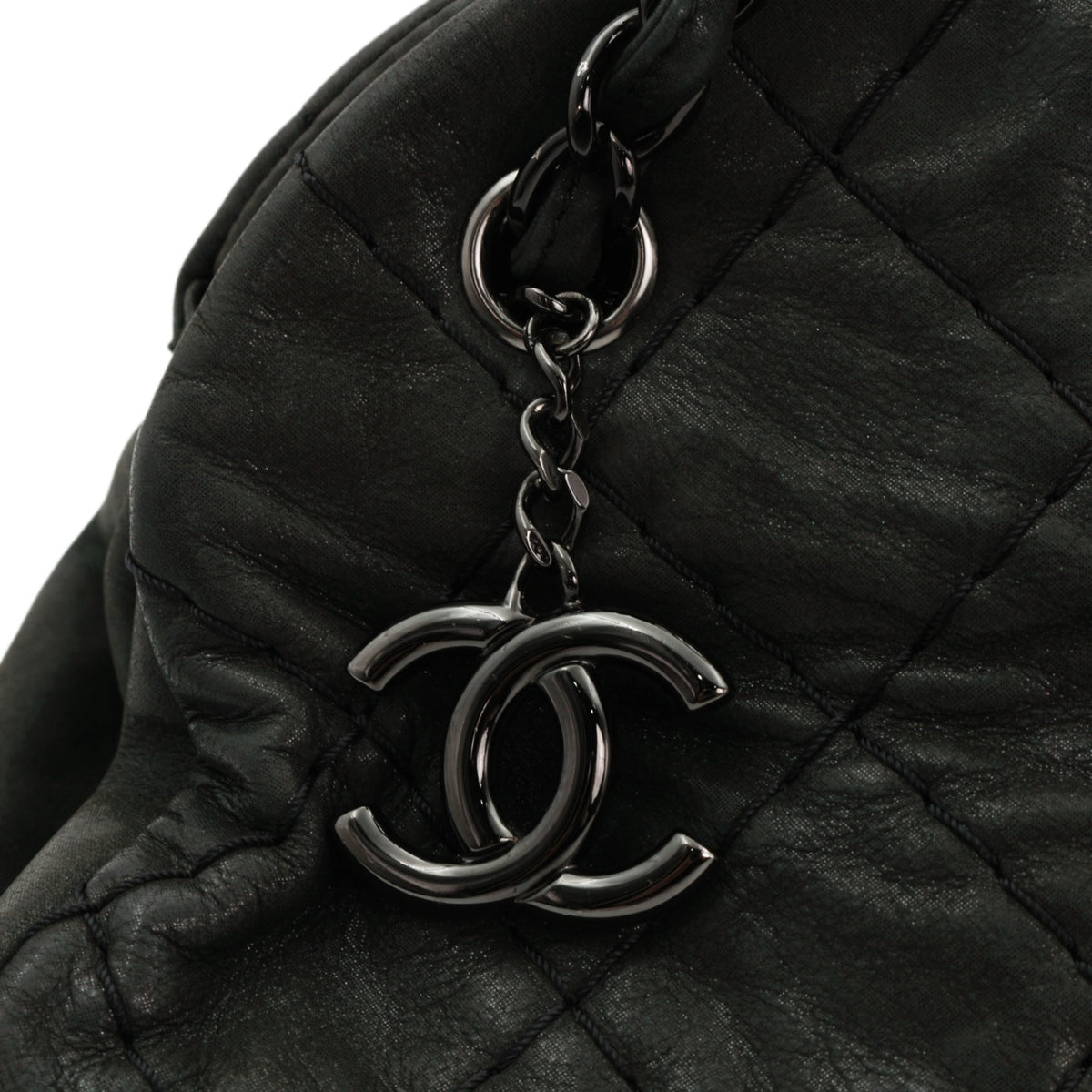 CHANEL Grey Green Quilted Calfskin CC Charm Bowling Shoulder Bag [Used]