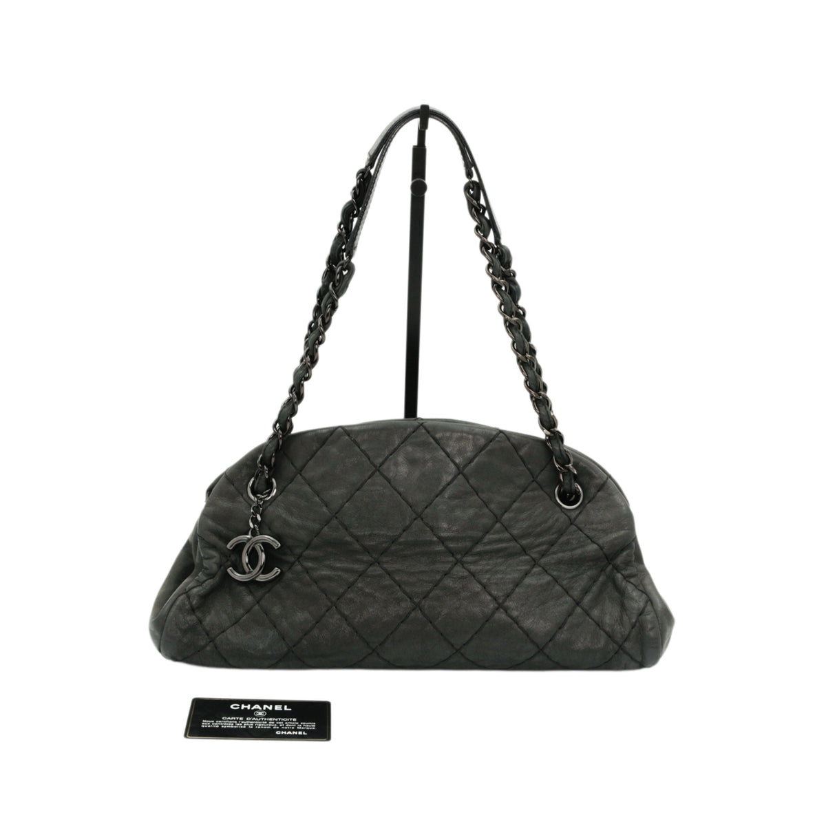 CHANEL Grey Green Quilted Calfskin CC Charm Bowling Shoulder Bag [Used]