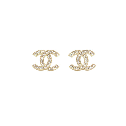 CHANEL C19C Gold Tone Rhinestone Double CC Pierced Earrings [Used]