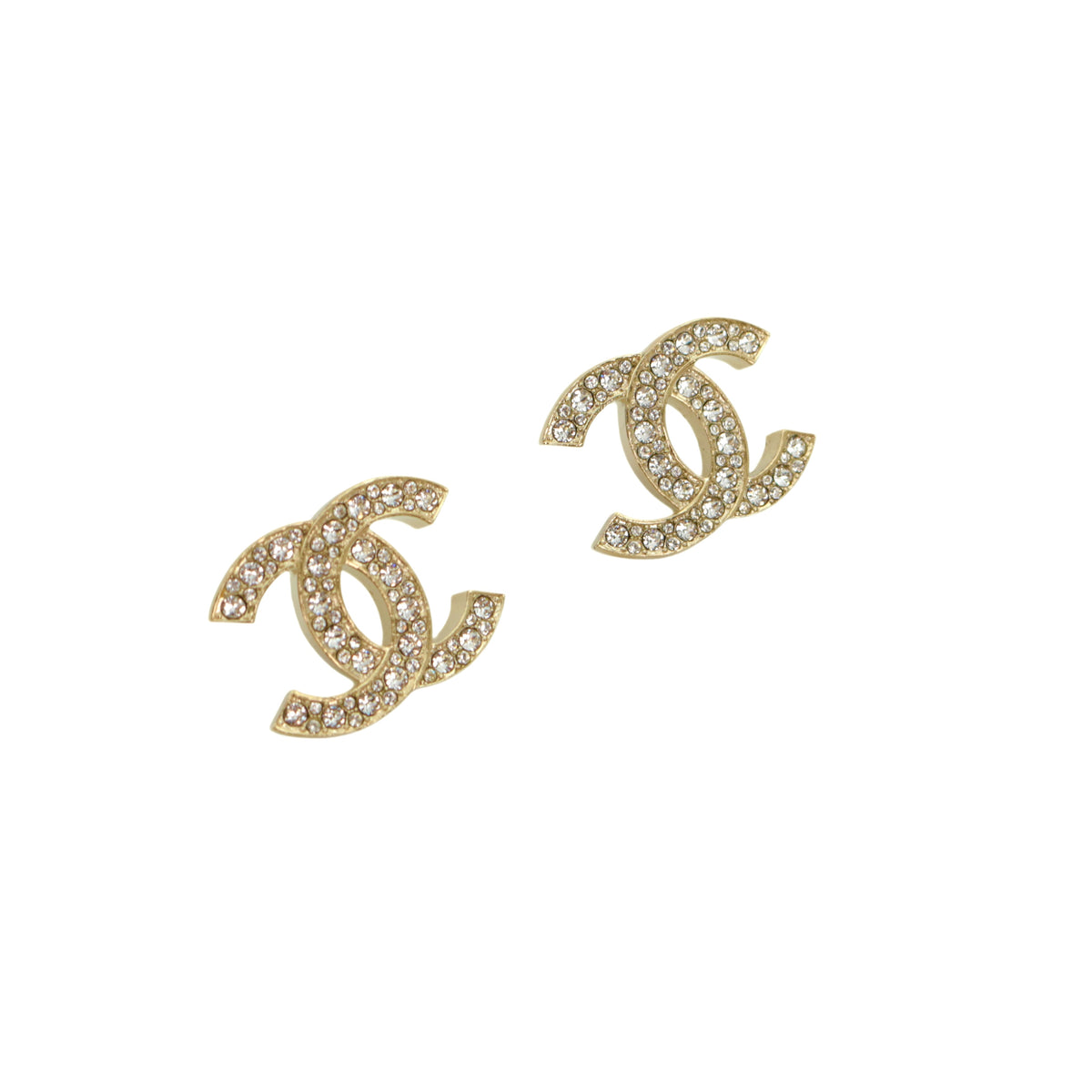 CHANEL C19C Gold Tone Rhinestone Double CC Pierced Earrings [Used]