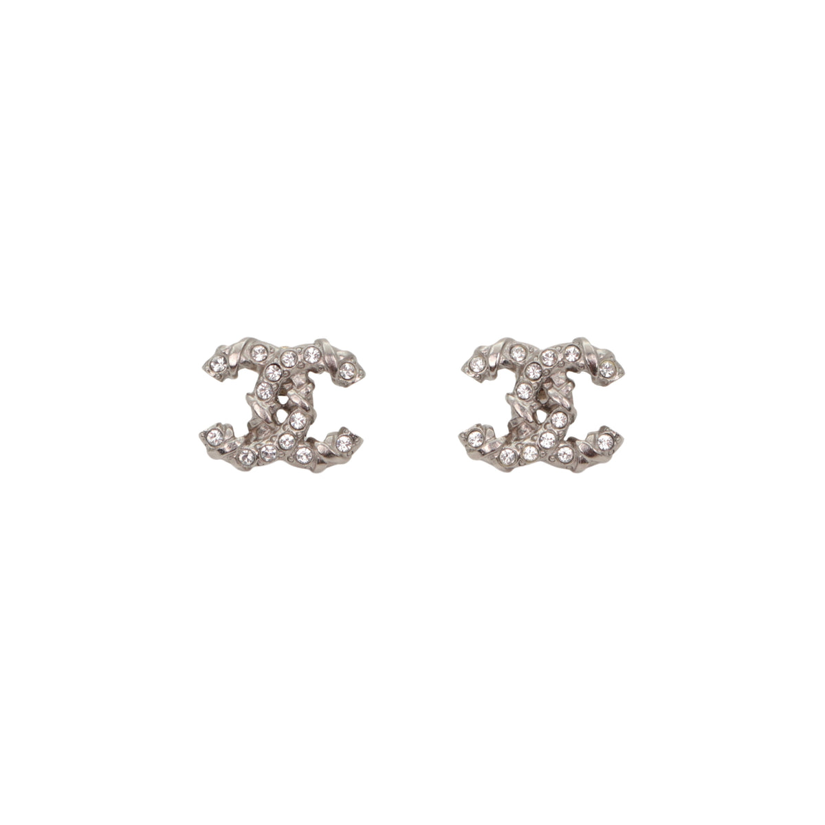 CHANEL F21B Silver Tone Textured Rhinestone Double CC Pierced Earrings [Used]