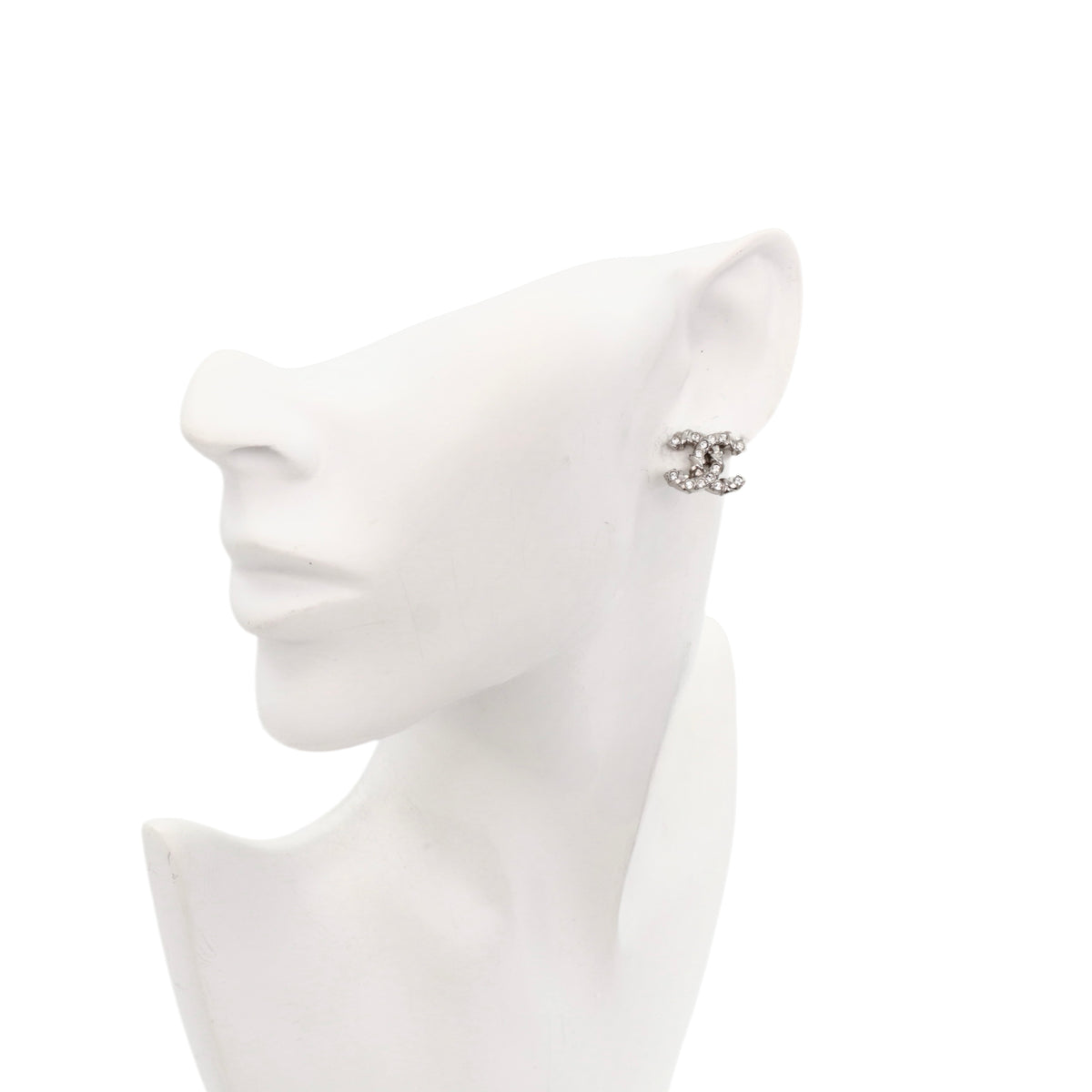 CHANEL F21B Silver Tone Textured Rhinestone Double CC Pierced Earrings [Used]