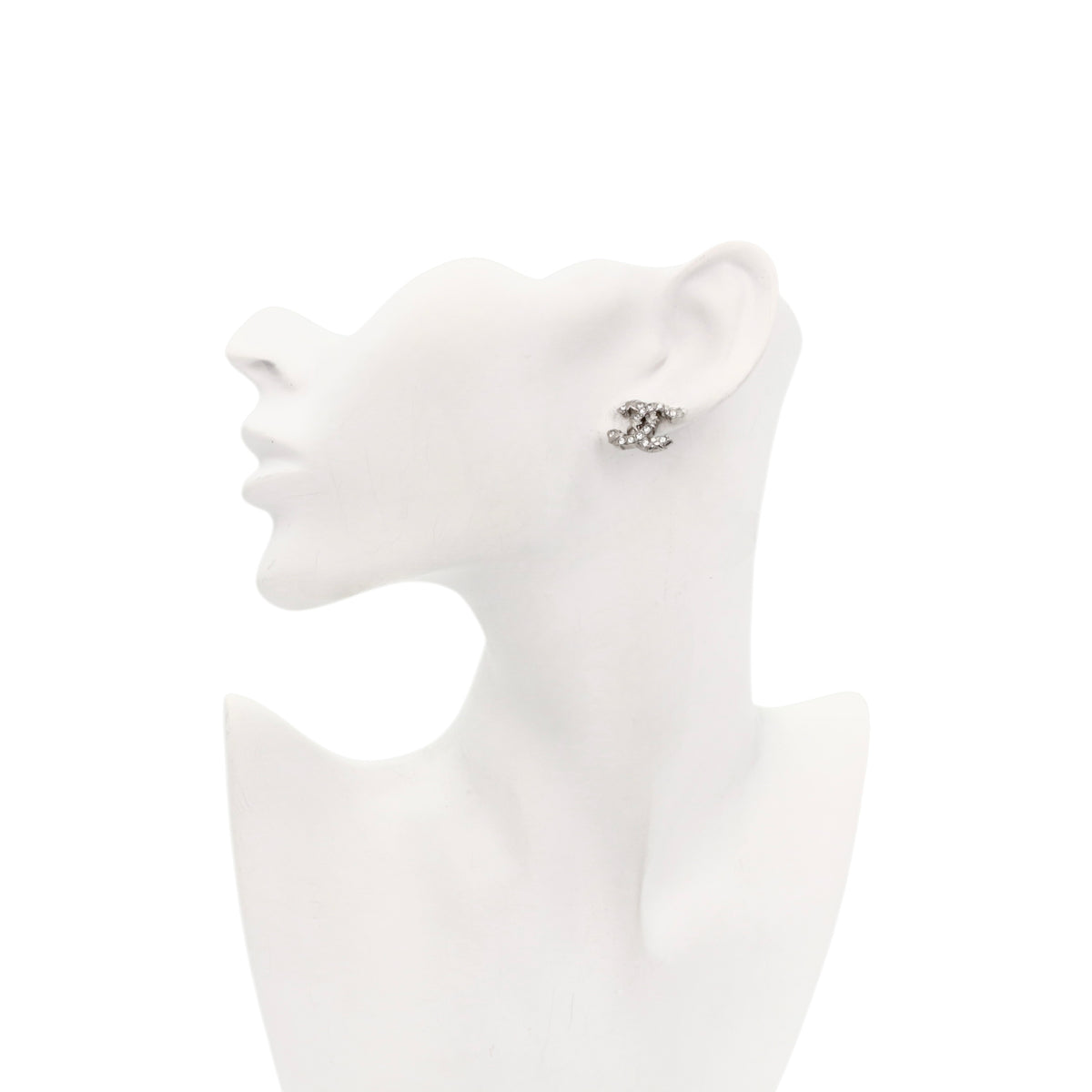 CHANEL F21B Silver Tone Textured Rhinestone Double CC Pierced Earrings [Used]