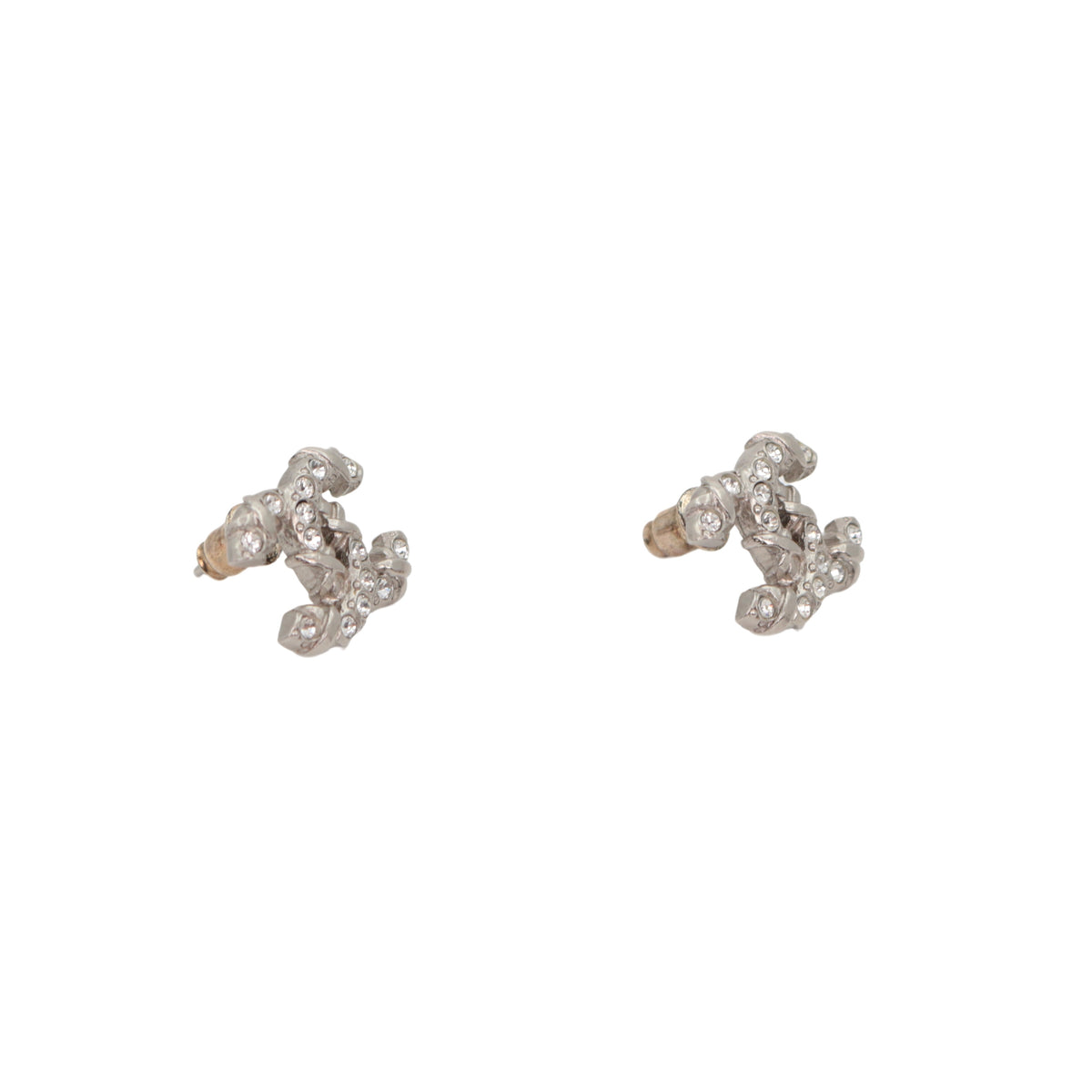 CHANEL F21B Silver Tone Textured Rhinestone Double CC Pierced Earrings [Used]