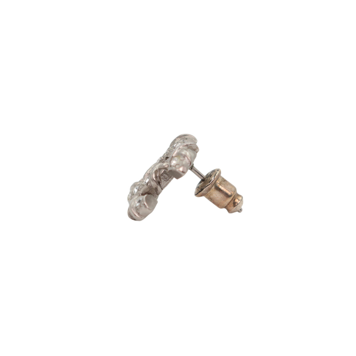 CHANEL F21B Silver Tone Textured Rhinestone Double CC Pierced Earrings [Used]