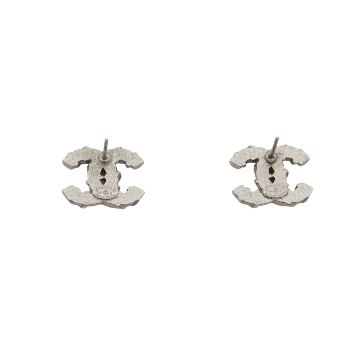 CHANEL F21B Silver Tone Textured Rhinestone Double CC Pierced Earrings [Used]