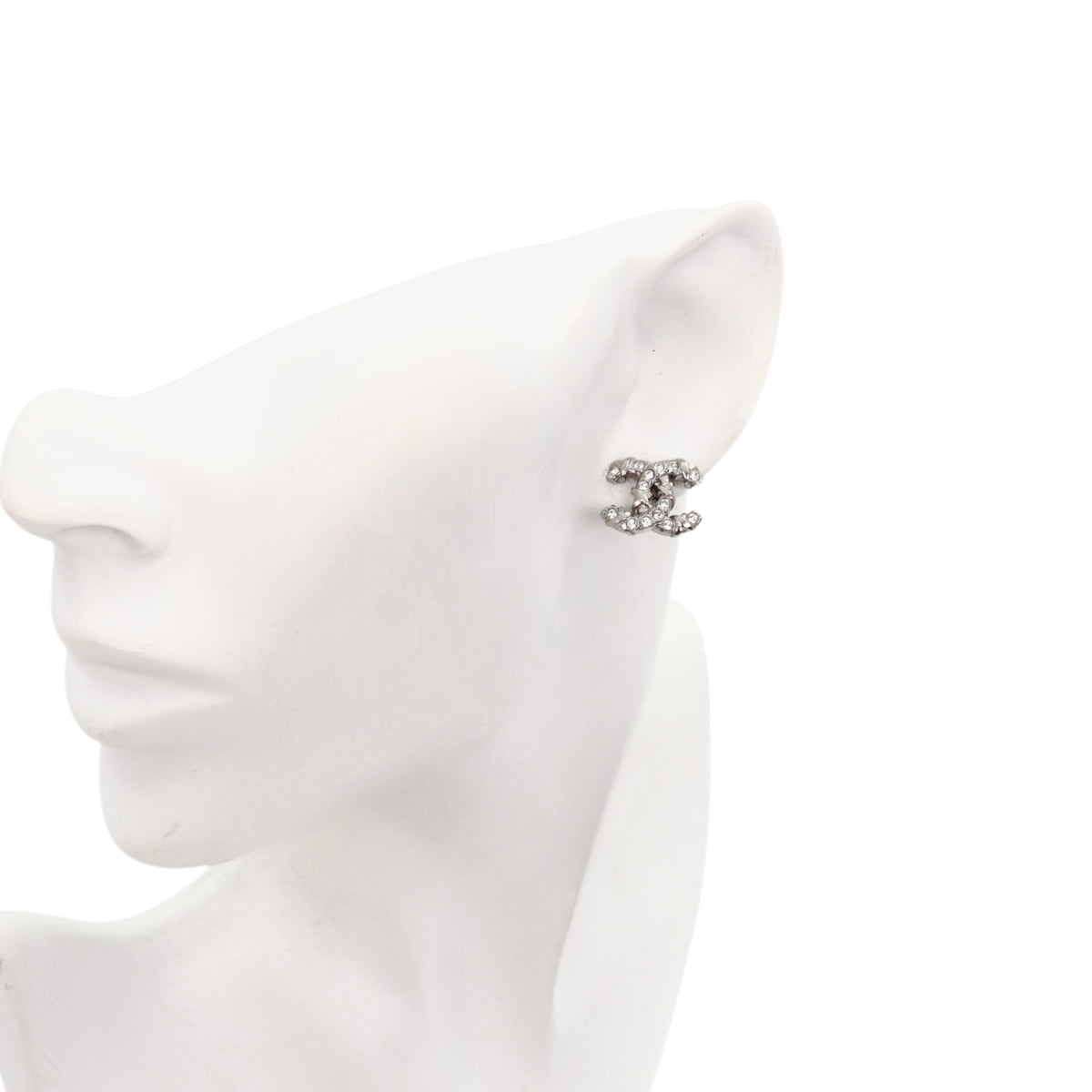 CHANEL F21B Silver Tone Textured Rhinestone Double CC Pierced Earrings [Used]