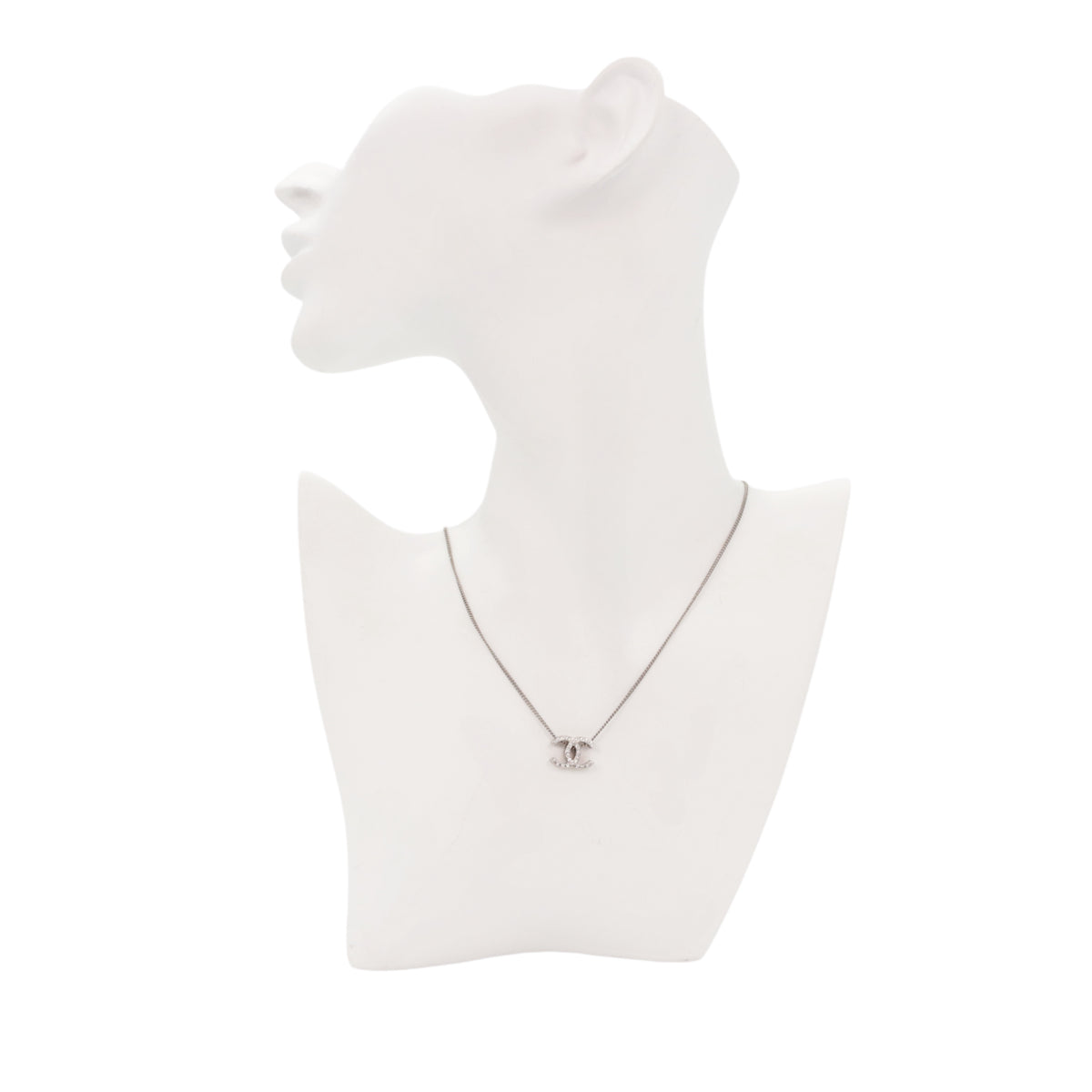 CHANEL 08A Silver Tone Rhinestone Double CC Pendant Necklace [Used]