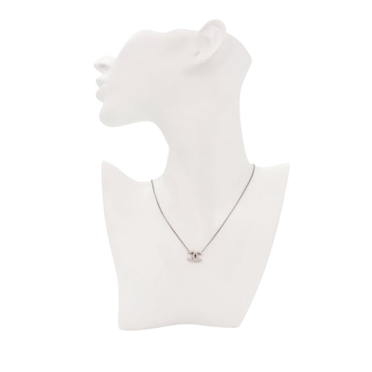 CHANEL 08A Silver Tone Rhinestone Double CC Pendant Necklace [Used]