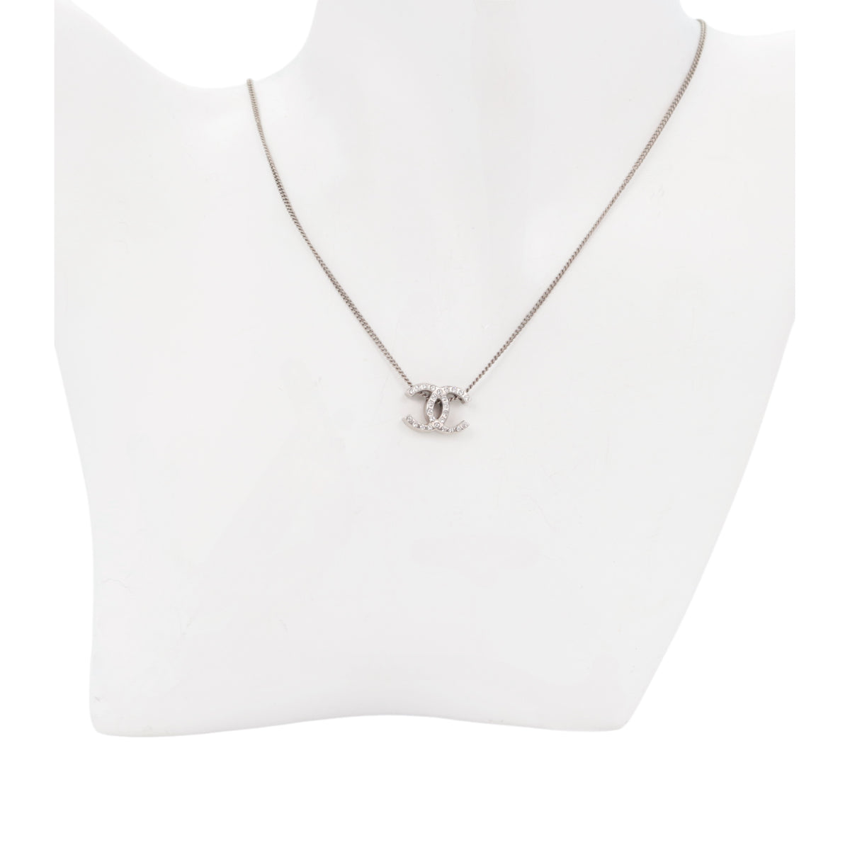 CHANEL 08A Silver Tone Rhinestone Double CC Pendant Necklace [Used]