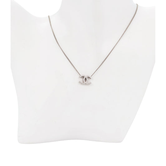 CHANEL 08A Silver Tone Rhinestone Double CC Pendant Necklace [Used]