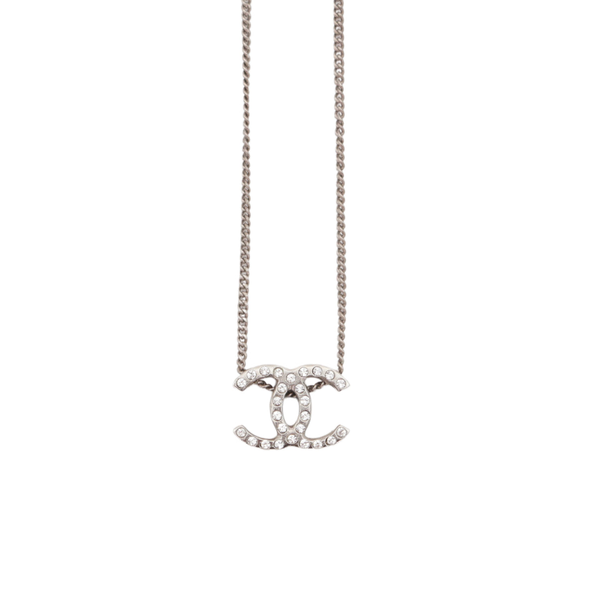 CHANEL 08A Silver Tone Rhinestone Double CC Pendant Necklace [Used]