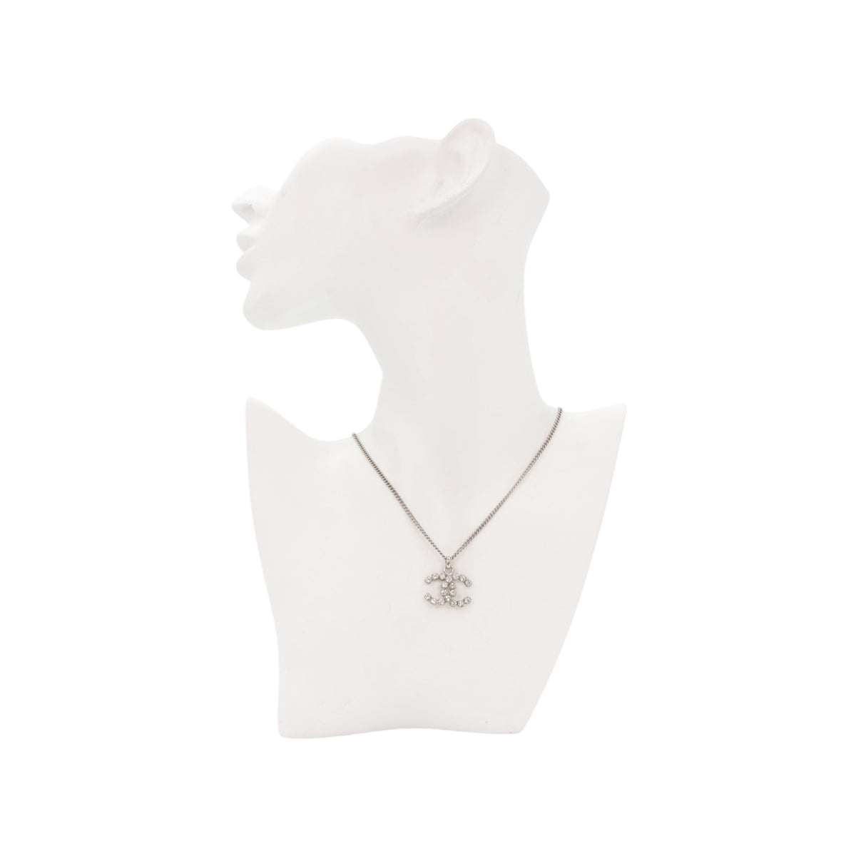 CHANEL 04V Silver Tone Rhinestone Double CC Pendant Necklace [Used]