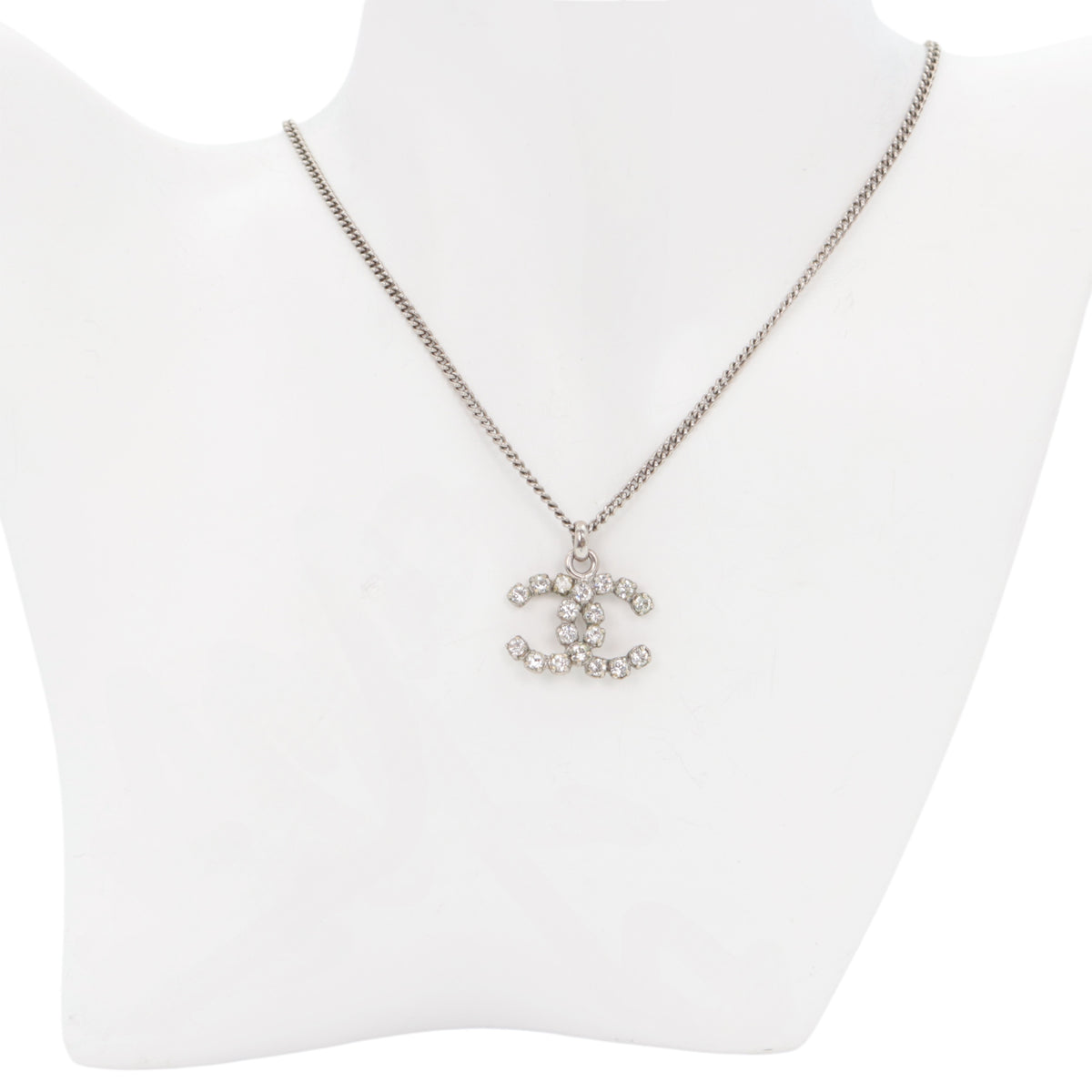 CHANEL 04V Silver Tone Rhinestone Double CC Pendant Necklace [Used]