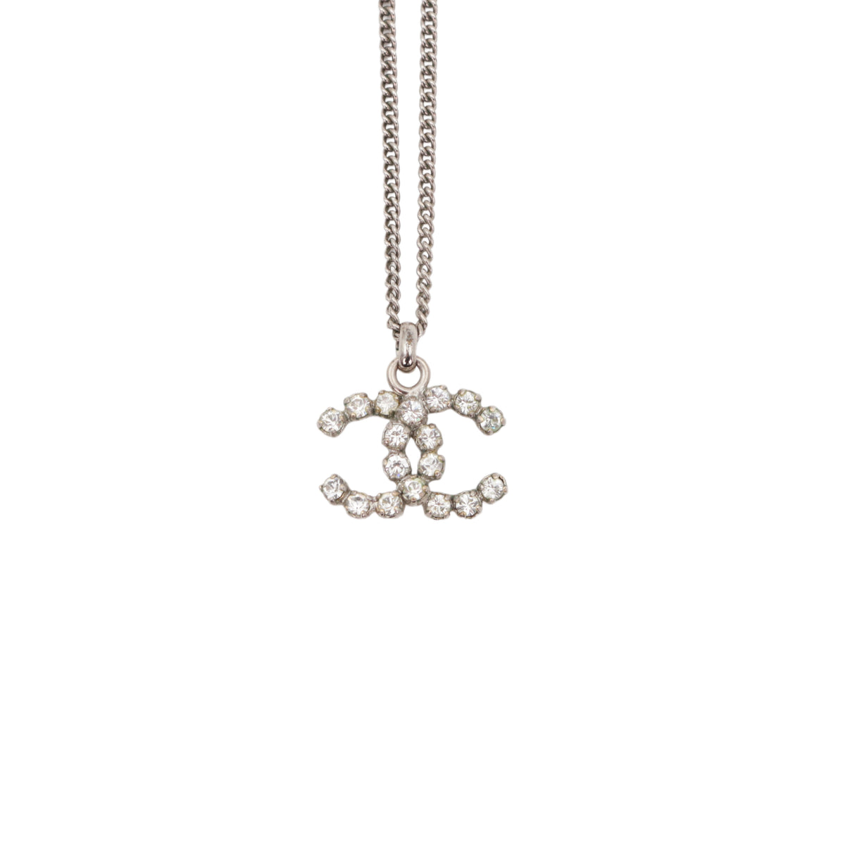 CHANEL 04V Silver Tone Rhinestone Double CC Pendant Necklace [Used]