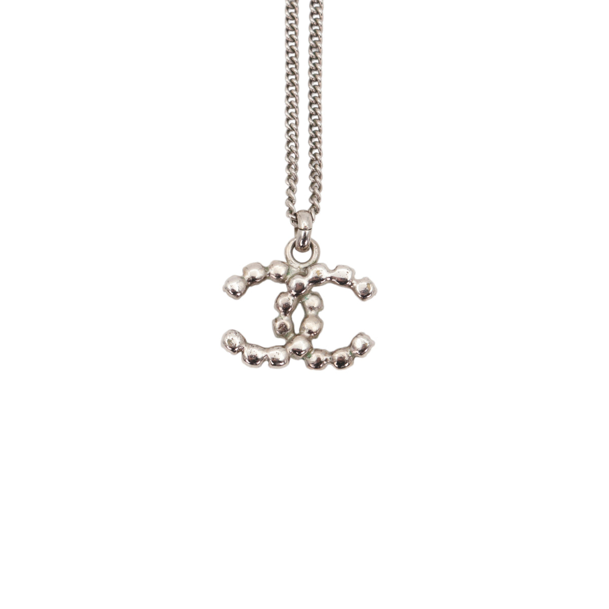 CHANEL 04V Silver Tone Rhinestone Double CC Pendant Necklace [Used]