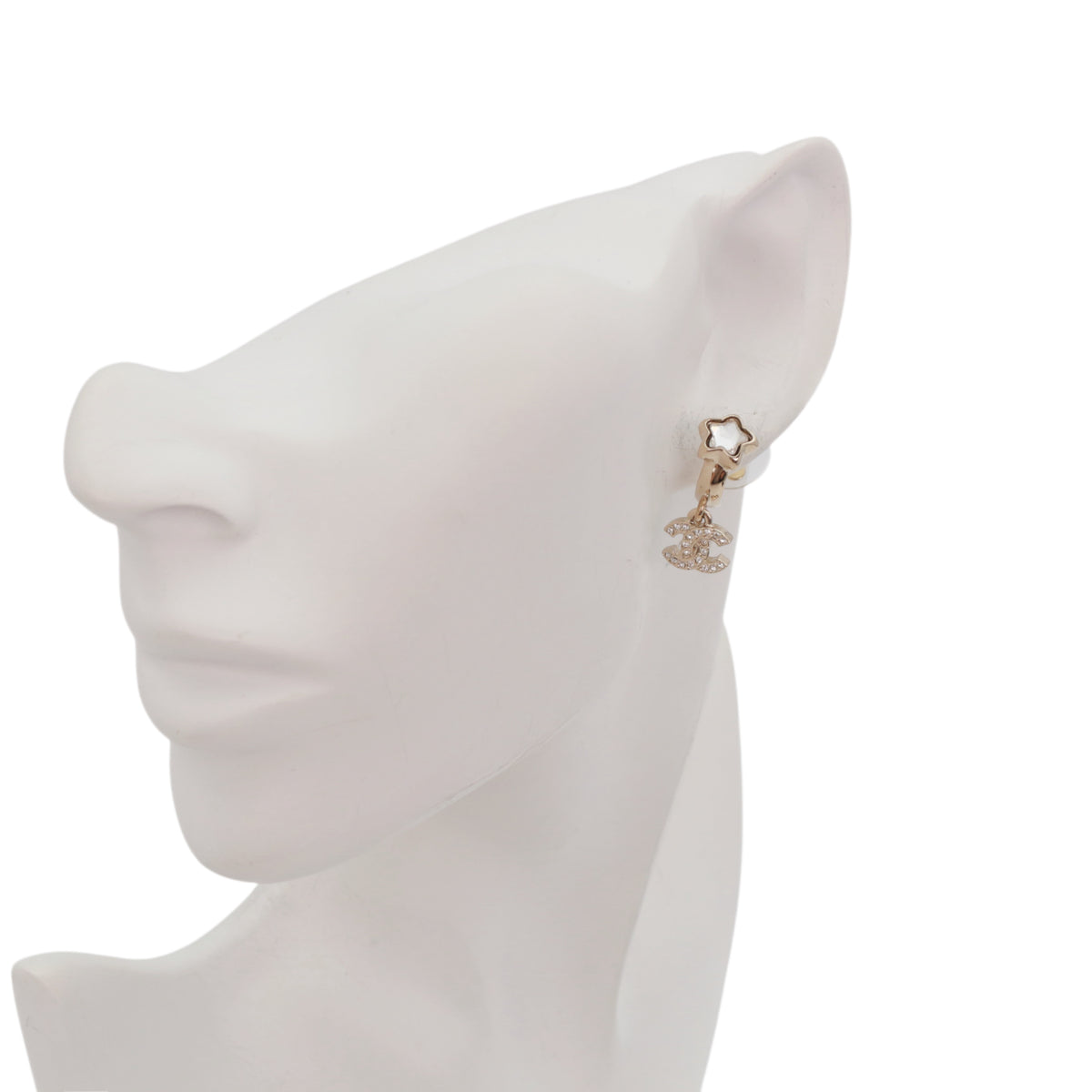 CHANEL A25B Gold Tone Crystal Star Double CC Drop Earrings [Used]