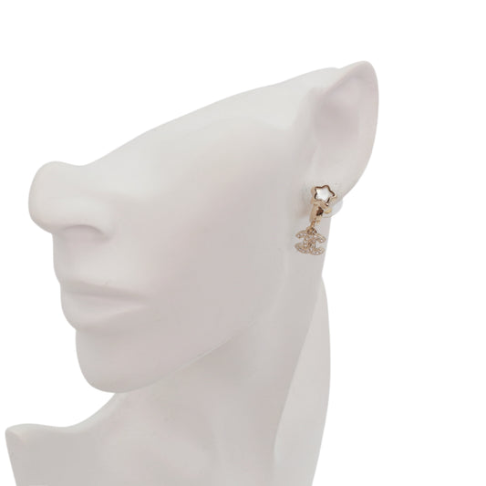 CHANEL A25B Gold Tone Crystal Star Double CC Drop Earrings [Used]