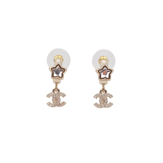 CHANEL A25B Gold Tone Crystal Star Double CC Drop Earrings [Used]