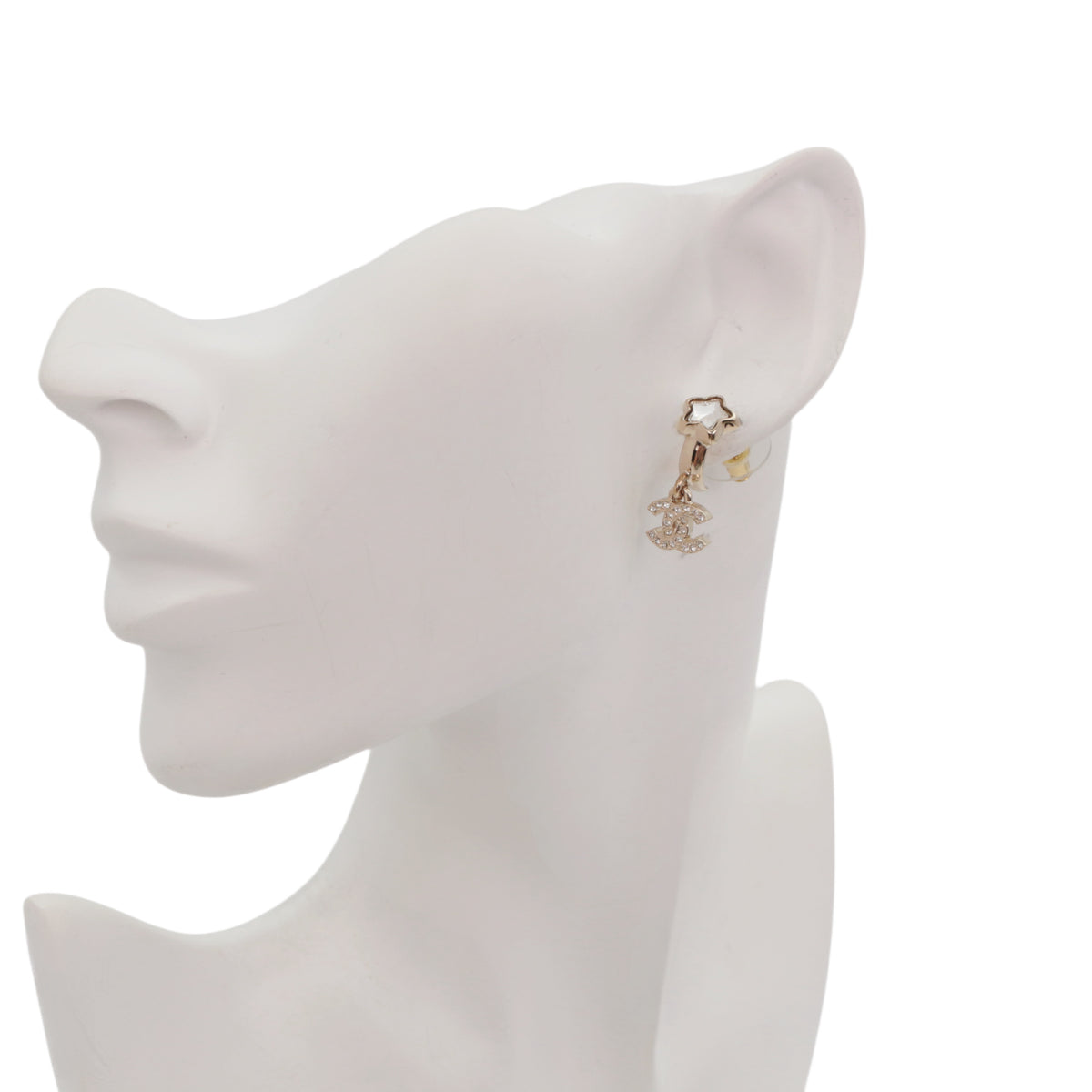 CHANEL A25B Gold Tone Crystal Star Double CC Drop Earrings [Used]