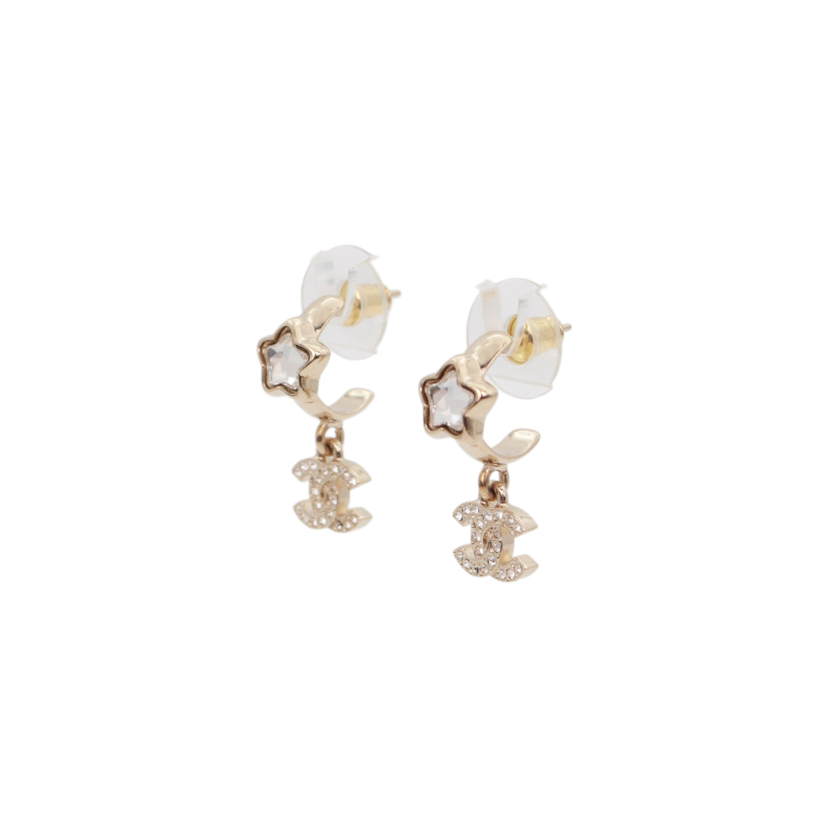 CHANEL A25B Gold Tone Crystal Star Double CC Drop Earrings [Used]