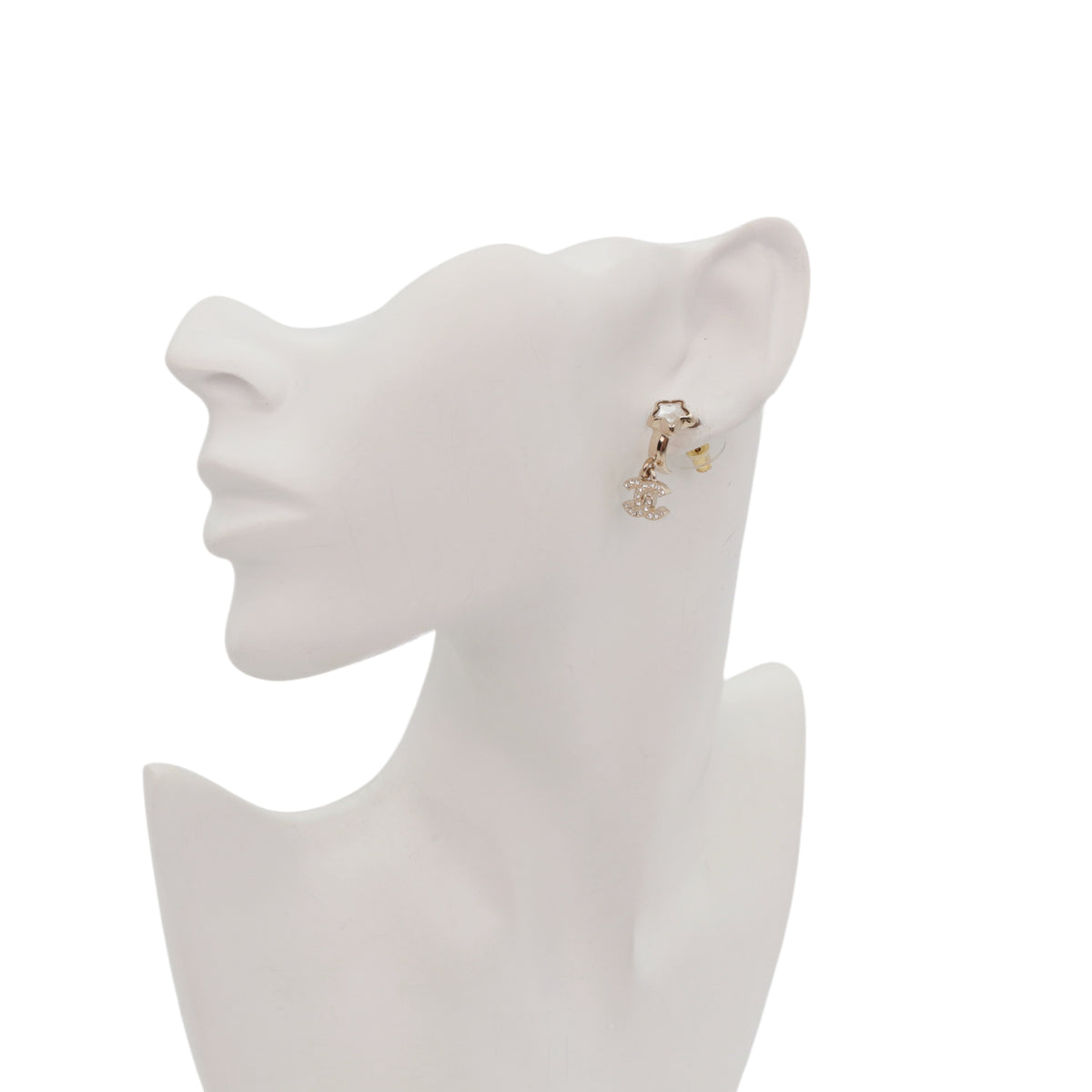CHANEL A25B Gold Tone Crystal Star Double CC Drop Earrings [Used]