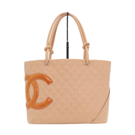 CHANEL Beige Quilted Calfskin & Patent Leather Large Cambon Ligne Tote Bag [Used]