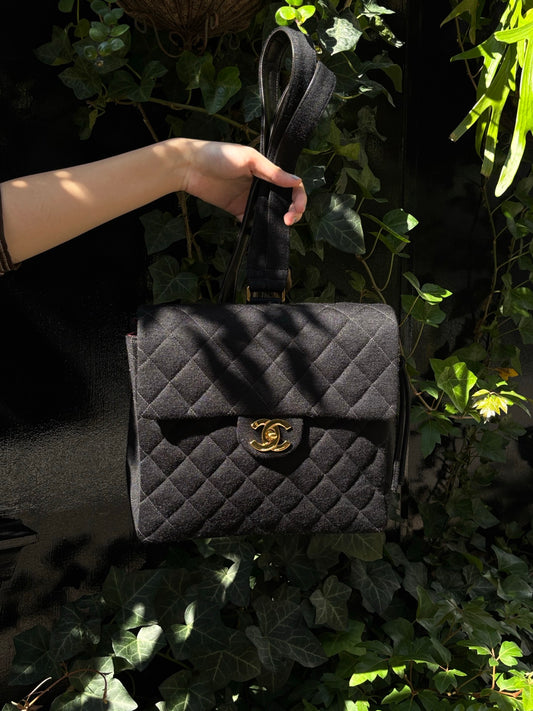 CHANEL Vintage Black Quilted Cotton Double CC Turnlock Backpack [Used]