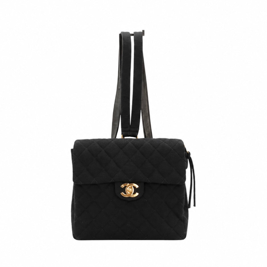CHANEL Vintage Black Quilted Cotton Double CC Turnlock Backpack [Used]