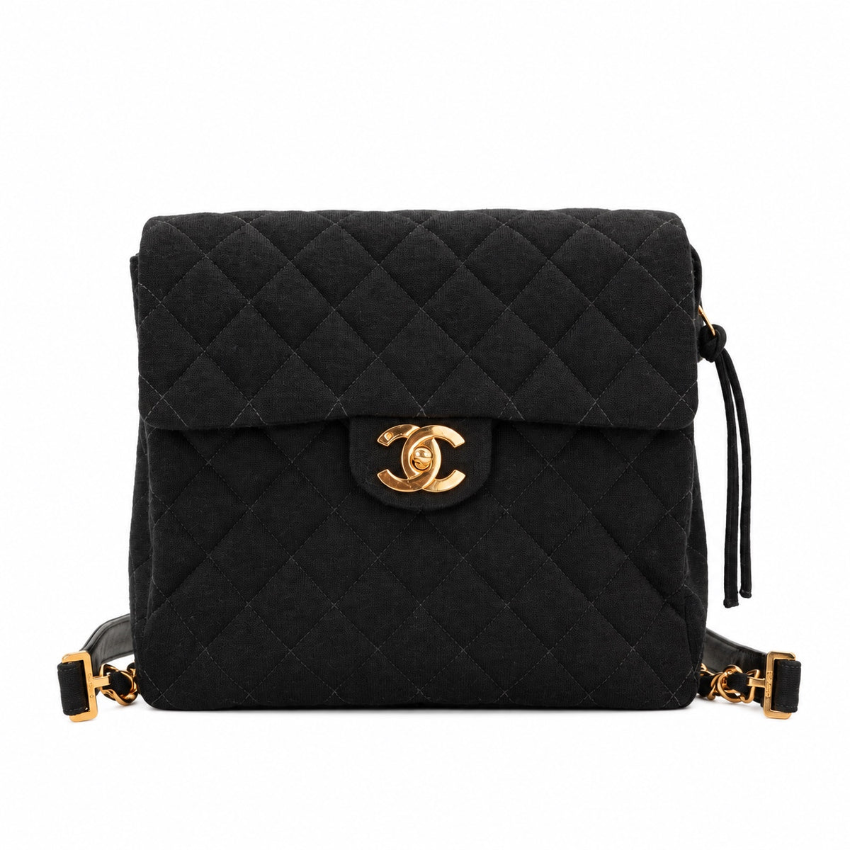 CHANEL Vintage Black Quilted Cotton Double CC Turnlock Backpack [Used]